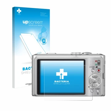 Front side of a product packaging with the brand logo upscreen. Next to it is the device Panasonic Lumix DMC-TZ10 shown with t