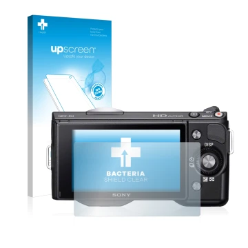 Front side of a product packaging with the brand logo upscreen. Next to it is the device Sony Alpha NEX-5 shown with the corre
