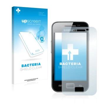 Front side of a product packaging with the brand logo upscreen. Next to it is the device Samsung Galaxy Ace S5830 shown with t