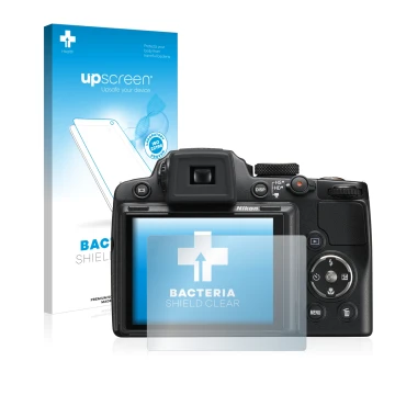 Front side of a product packaging with the brand logo upscreen. Next to it is the device Nikon Coolpix P500 shown with the cor