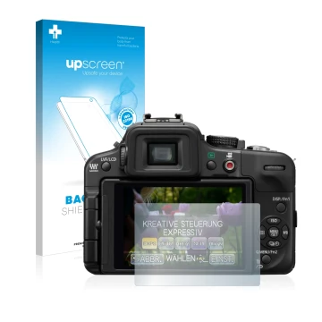 Front side of a product packaging with the brand logo upscreen. Next to it is the device Panasonic Lumix DMC-G3 shown with the