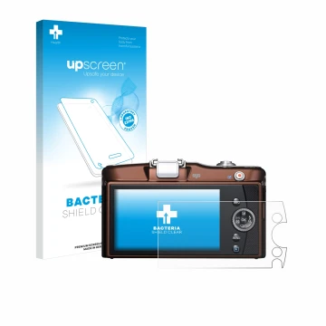 Front side of a product packaging with the brand logo upscreen. Next to it is the device Olympus PEN E-PM1 shown with the corr