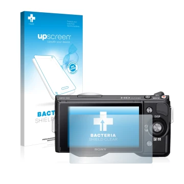 Front side of a product packaging with the brand logo upscreen. Next to it is the device Sony Alpha NEX-5N shown with the corr