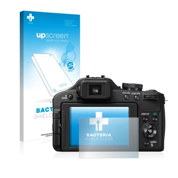 Front side of a product packaging with the brand logo upscreen. Next to it is the device Panasonic Lumix DMC-FZ150 shown with 