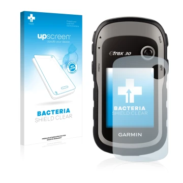 Front side of a product packaging with the brand logo upscreen. Next to it is the device Garmin eTrex 30 shown with the corres