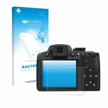 Front side of a product packaging with the brand logo upscreen. Next to it is the device Nikon Coolpix P510 shown with the cor