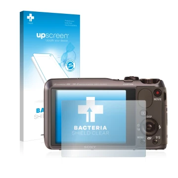 Front side of a product packaging with the brand logo upscreen. Next to it is the device Sony Cyber-Shot DSC-HX20V shown with 