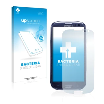 Front side of a product packaging with the brand logo upscreen. Next to it is the device Samsung Galaxy S3 I9300 shown with th