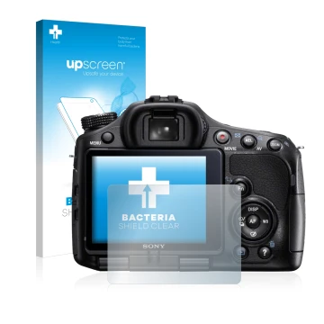 Front side of a product packaging with the brand logo upscreen. Next to it is the device Sony Alpha 57 (SLT-A57) shown with th