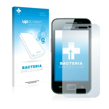 Front side of a product packaging with the brand logo upscreen. Next to it is the device Samsung Galaxy Ace S5830i shown with 