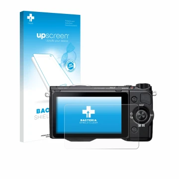 Front side of a product packaging with the brand logo upscreen. Next to it is the device Sony Alpha NEX-5R shown with the corr