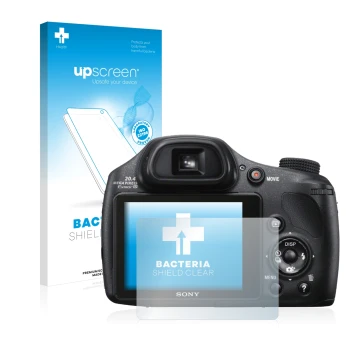 Front side of a product packaging with the brand logo upscreen. Next to it is the device Sony Cyber-Shot DSC-HX300 shown with 