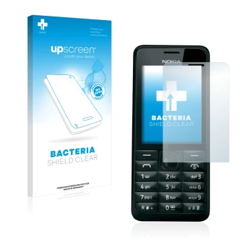 Front side of a product packaging with the brand logo upscreen. Next to it is the device Nokia 301 shown with the correspondin