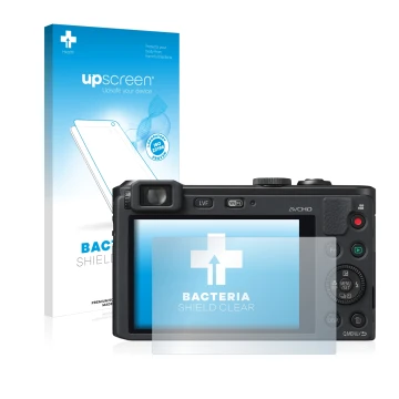 Front side of a product packaging with the brand logo upscreen. Next to it is the device Panasonic Lumix DMC-LF1 shown with th