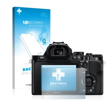 Front side of a product packaging with the brand logo upscreen. Next to it is the device Sony Alpha 7 (ILCE-7) shown with the 