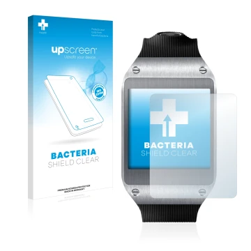 Front side of a product packaging with the brand logo upscreen. Next to it is the device Samsung Galaxy Gear V700 shown with t