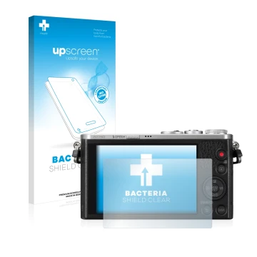 Front side of a product packaging with the brand logo upscreen. Next to it is the device Panasonic Lumix DMC-GM1 shown with th