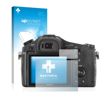 Front side of a product packaging with the brand logo upscreen. Next to it is the device Sony Cyber-Shot DSC-RX10 shown with t