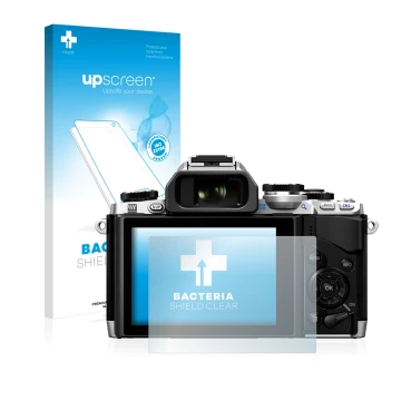 Front side of a product packaging with the brand logo upscreen. Next to it is the device Olympus OM-D E-M10 shown with the cor