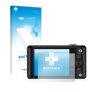 Front side of a product packaging with the brand logo upscreen. Next to it is the device Sony Cyber-Shot DSC-WX220 shown with 