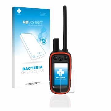 Front side of a product packaging with the brand logo upscreen. Next to it is the device Garmin Alpha 100 shown with the corre