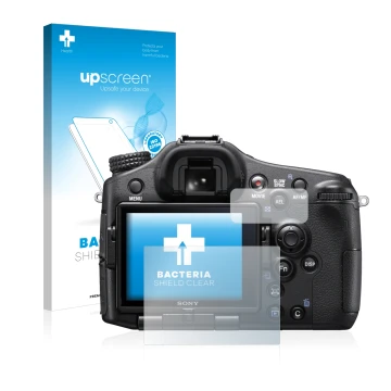 Front side of a product packaging with the brand logo upscreen. Next to it is the device Sony Alpha 77 II (SLT-A77 II) shown w