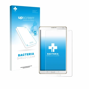 Front side of a product packaging with the brand logo upscreen. Next to it is the device Samsung Galaxy Tab S 8.4 SM-T705 show