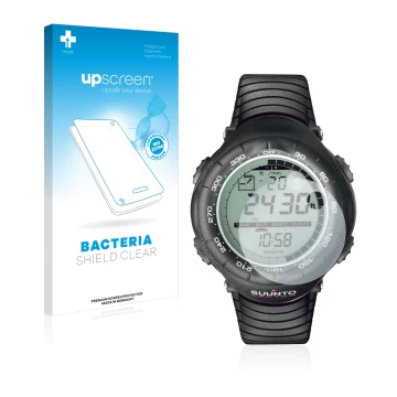 Front side of a product packaging with the brand logo upscreen. Next to it is the device Suunto Vector Black shown with the co