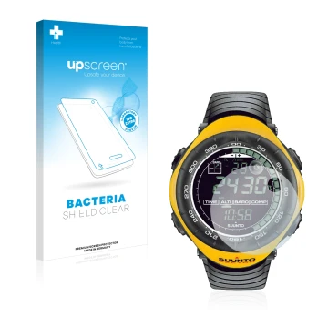 Front side of a product packaging with the brand logo upscreen. Next to it is the device Suunto Vector Yellow shown with the c