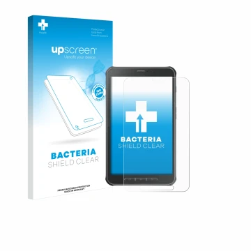 Front side of a product packaging with the brand logo upscreen. Next to it is the device Samsung Galaxy Tab Active SM-T365 sho