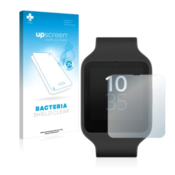 Front side of a product packaging with the brand logo upscreen. Next to it is the device Sony Smartwatch 3 SWR50 shown with th
