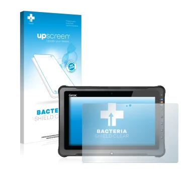 Front side of a product packaging with the brand logo upscreen. Next to it is the device Getac F110 G5 shown with the correspo