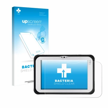 Front side of a product packaging with the brand logo upscreen. Next to it is the device Panasonic Toughpad FZ-M1 shown with t