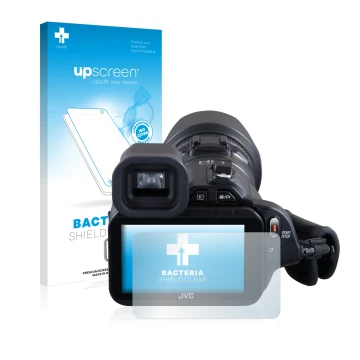Front side of a product packaging with the brand logo upscreen. Next to it is the device JVC GC-PX100BEU shown with the corres