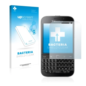 Front side of a product packaging with the brand logo upscreen. Next to it is the device Blackberry Classic Q20 shown with the