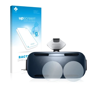 Front side of a product packaging with the brand logo upscreen. Next to it is the device Samsung Gear VR shown with the corres