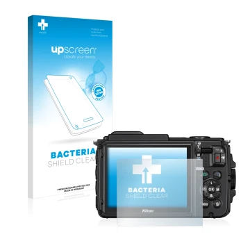 Front side of a product packaging with the brand logo upscreen. Next to it is the device Nikon Coolpix AW130 shown with the co