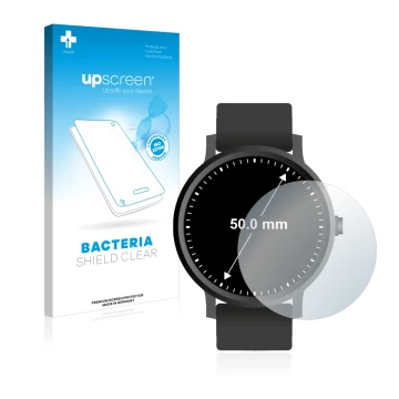 Front side of a product packaging with the brand logo upscreen. Next to it is the device Watches (Circular, ø: 50 mm) shown wi