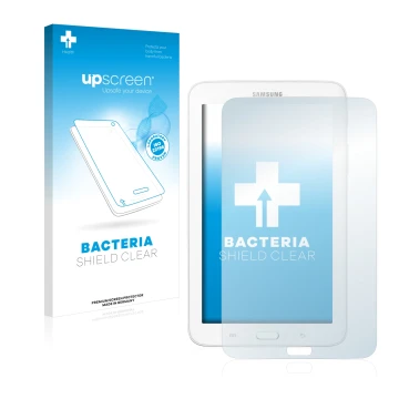 Front side of a product packaging with the brand logo upscreen. Next to it is the device Samsung Galaxy Tab 3 SM-T113 shown wi