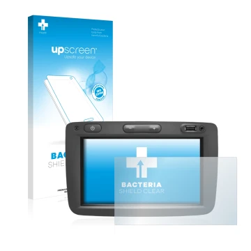 Front side of a product packaging with the brand logo upscreen. Next to it is the device Dacia Media Nav shown with the corres