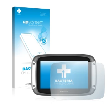 Front side of a product packaging with the brand logo upscreen. Next to it is the device TomTom Rider 400 shown with the corre