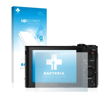 Front side of a product packaging with the brand logo upscreen. Next to it is the device Sony Cyber-Shot DSC-HX90V shown with 