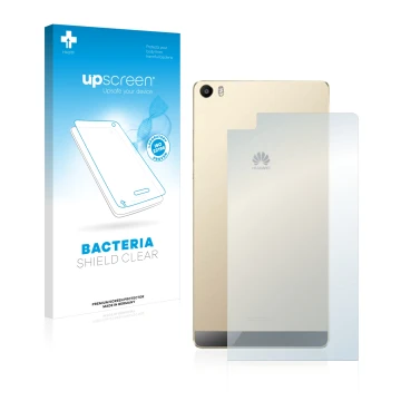 Front side of a product packaging with the brand logo upscreen. Next to it is the device Huawei P8 Max (Back) shown with the c