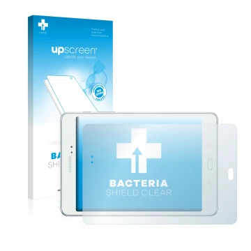 Front side of a product packaging with the brand logo upscreen. Next to it is the device Samsung Galaxy Tab A 8.0 shown with t
