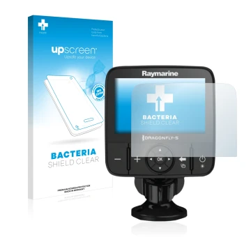 Front side of a product packaging with the brand logo upscreen. Next to it is the device Raymarine Dragonfly 5 shown with the 