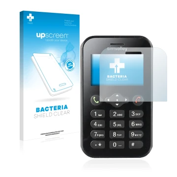 Front side of a product packaging with the brand logo upscreen. Next to it is the device Simvalley Mobile RX-484 Pico shown wi
