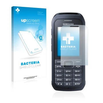 Front side of a product packaging with the brand logo upscreen. Next to it is the device Samsung Xcover 550 shown with the cor