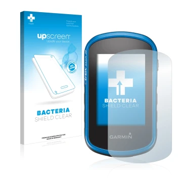 Front side of a product packaging with the brand logo upscreen. Next to it is the device Garmin eTrex Touch 25 shown with the 