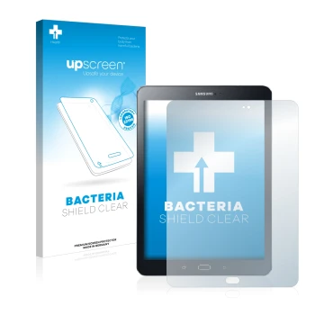 Front side of a product packaging with the brand logo upscreen. Next to it is the device Samsung Galaxy Tab S2 9.7 shown with 