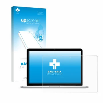 Front side of a product packaging with the brand logo upscreen. Next to it is the device Apple MacBook Retina Pro 13